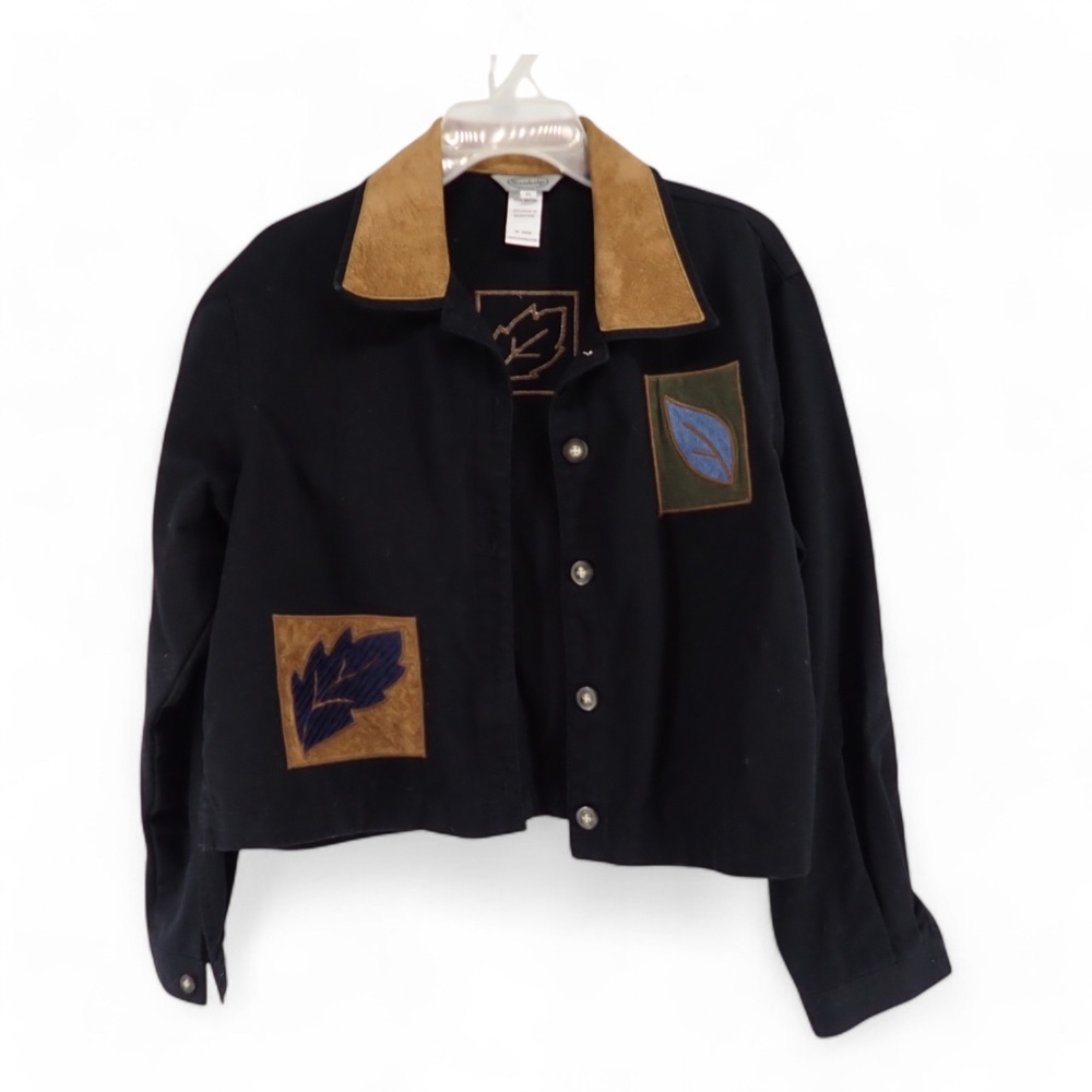 Stonebridge Womens Black Denim Sz Petite Large Jacket Leather Cotton Fall Leaves